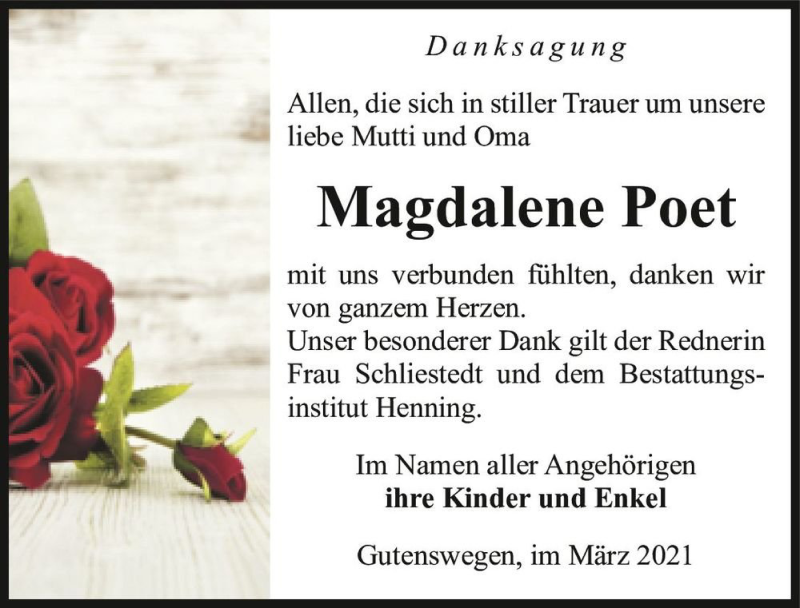  Traueranzeige für Magdalene Poet  vom 27.03.2021 aus Magdeburger Volksstimme