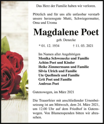 Traueranzeige von Magdalene Poet (geb. Denecke)  von Magdeburger Volksstimme