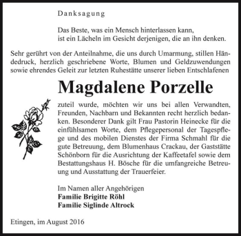 Traueranzeige von Magdalene Porzelle  von Magdeburger Volksstimme