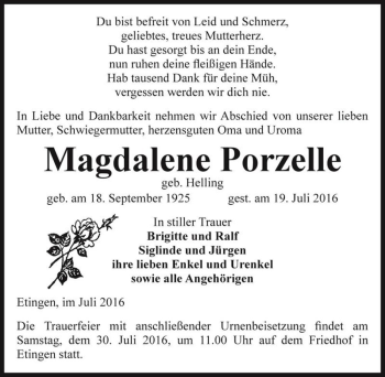 Traueranzeige von Magdalene Porzelle (geb. Helling)  von Magdeburger Volksstimme