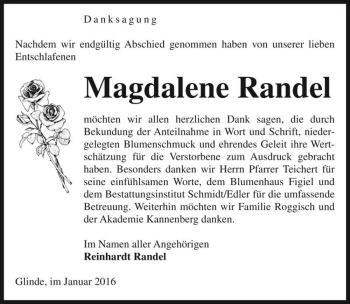 Traueranzeige von Magdalene Randel  von Magdeburger Volksstimme