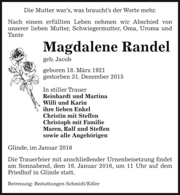 Traueranzeige von Magdalene Randel (geb. Jacob)  von Magdeburger Volksstimme
