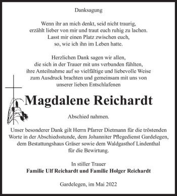 Traueranzeige von Magdalene Reichardt  von Magdeburger Volksstimme