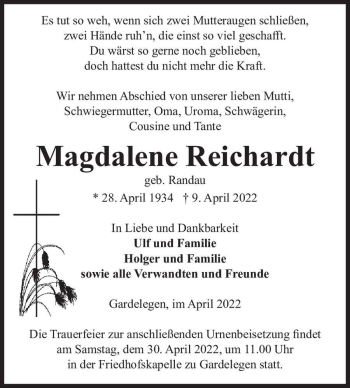 Traueranzeige von Magdalene Reichardt (geb. Randau)  von Magdeburger Volksstimme