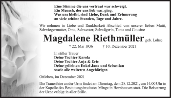 Traueranzeige von Magdalene Riethmüller (geb. Lohse)  von Magdeburger Volksstimme