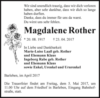Traueranzeige von Magdalene Rother  von Magdeburger Volksstimme
