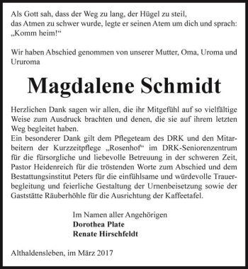 Traueranzeige von Magdalene Schmidt  von Magdeburger Volksstimme