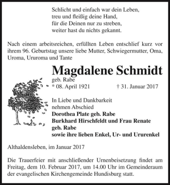 Traueranzeige von Magdalene Schmidt (geb. Rabe)  von Magdeburger Volksstimme