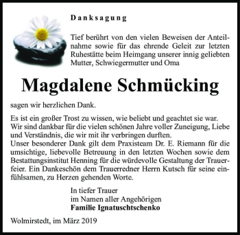 Traueranzeige von Magdalene Schmücking  von Magdeburger Volksstimme