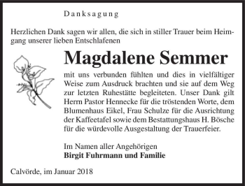 Traueranzeige von Magdalene Semmer  von Magdeburger Volksstimme