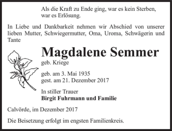 Traueranzeige von Magdalene Semmer (geb. Kriege)  von Magdeburger Volksstimme