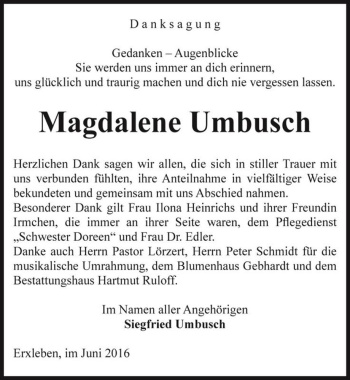 Traueranzeige von Magdalene Umbusch  von Magdeburger Volksstimme