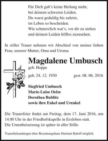 Traueranzeige von Magdalene Umbusch (geb. Hoppe)  von Magdeburger Volksstimme