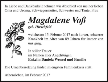 Traueranzeige von Magdalene Voß (geb. Hirschfeld)  von Magdeburger Volksstimme