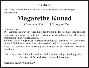 Traueranzeige von Magrethe Kunad  von Magdeburger Volksstimme