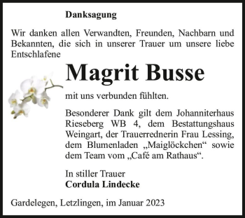 Traueranzeige von Magrit Busse  von Magdeburger Volksstimme