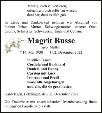 Traueranzeige von Magrit Busse (geb. Müller)  von Magdeburger Volksstimme