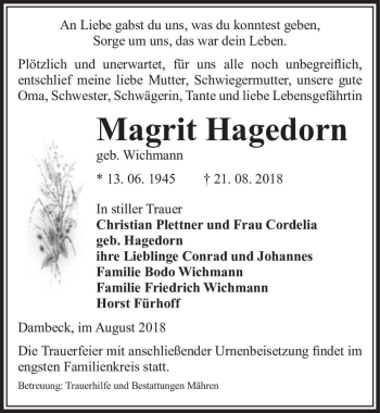 Traueranzeige von Magrit Hagedorn (geb. Wichmann)  von Magdeburger Volksstimme