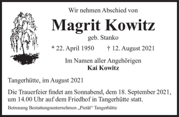 Traueranzeige von Magrit Kowitz (geb. Stanko)  von Magdeburger Volksstimme