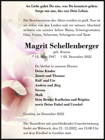 Traueranzeige von Magrit Schellenberger (geb. Krause)  von Magdeburger Volksstimme
