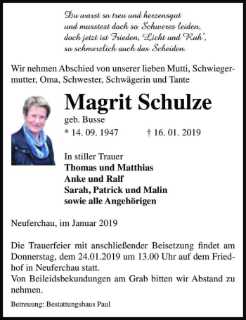 Traueranzeige von Magrit Schulze (geb. Busse)  von Magdeburger Volksstimme