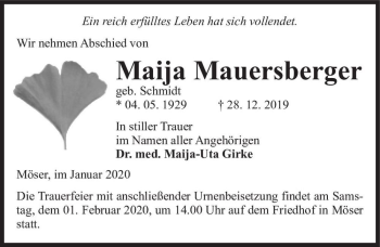 Traueranzeige von Maija Mauersberger (geb. Schmidt)  von Magdeburger Volksstimme