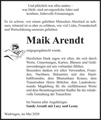 Traueranzeige von Maik Arendt  von Magdeburger Volksstimme