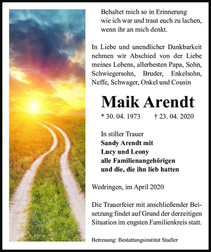  Traueranzeige für Maik Arendt  vom 09.05.2020 aus Magdeburger Volksstimme