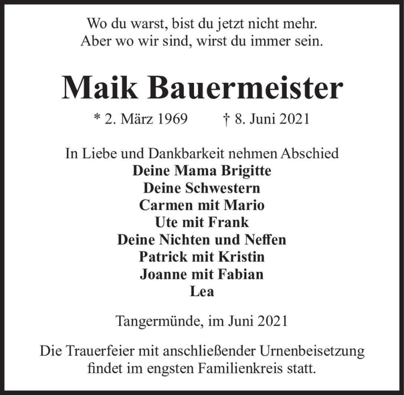  Traueranzeige für Maik Bauermeister  vom 10.06.2021 aus Magdeburger Volksstimme