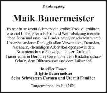 Traueranzeige von Maik Bauermeister  von Magdeburger Volksstimme