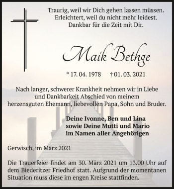 Traueranzeige von Maik Bethge  von Magdeburger Volksstimme