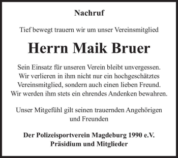 Traueranzeige von Maik Bruer  von Magdeburger Volksstimme