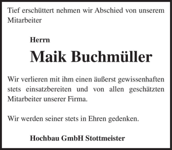 Traueranzeige von Maik Buchmüller  von Magdeburger Volksstimme