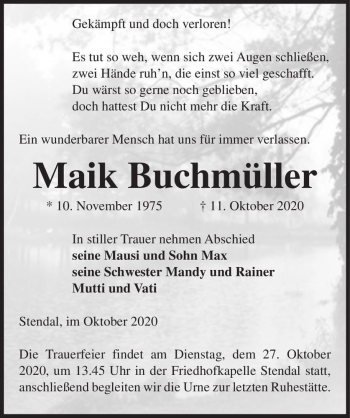 Traueranzeige von Maik Buchmüller  von Magdeburger Volksstimme