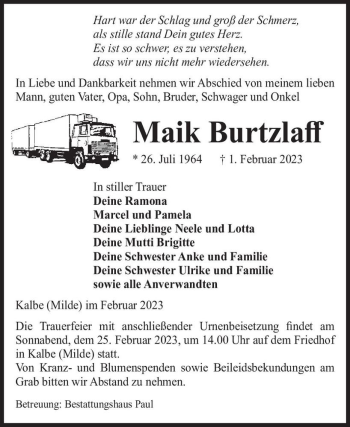 Traueranzeige von Maik Burtzlaff  von Magdeburger Volksstimme