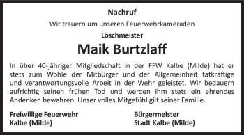 Traueranzeige von Maik Burtzlaff  von Magdeburger Volksstimme