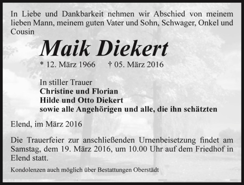  Traueranzeige für Maik Diekert  vom 10.03.2016 aus Magdeburger Volksstimme