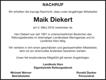 Traueranzeige von Maik Diekert  von Magdeburger Volksstimme