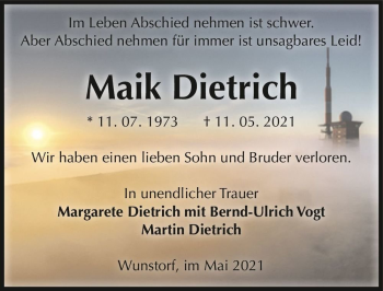 Traueranzeige von Maik Dietrich  von Magdeburger Volksstimme