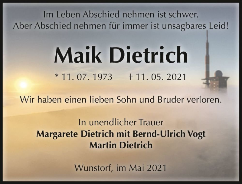  Traueranzeige für Maik Dietrich  vom 22.05.2021 aus Magdeburger Volksstimme