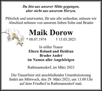 Traueranzeige von Maik Dorow  von Magdeburger Volksstimme