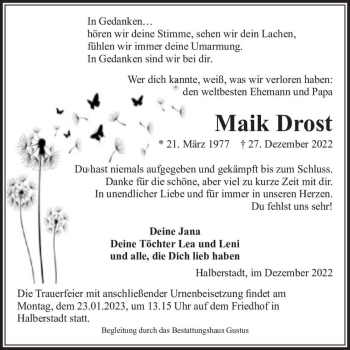 Traueranzeige von Maik Drost  von Magdeburger Volksstimme