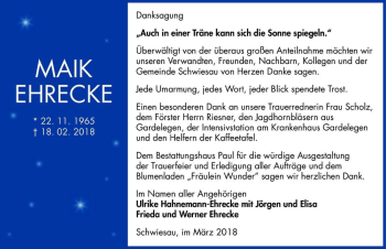 Traueranzeige von Maik Ehrecke  von Magdeburger Volksstimme