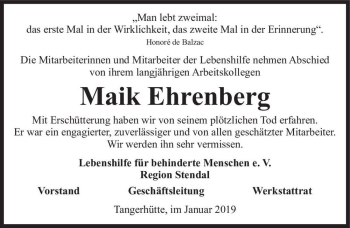 Traueranzeige von Maik Ehrenberg  von Magdeburger Volksstimme