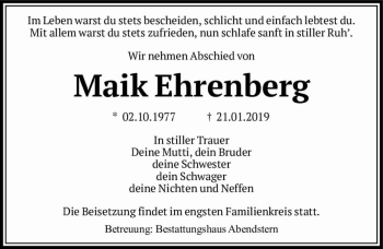Traueranzeige von Maik Ehrenberg  von Magdeburger Volksstimme