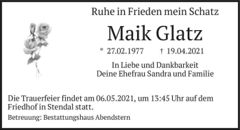 Traueranzeige von Maik Glatz  von Magdeburger Volksstimme