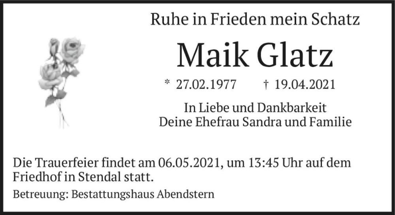  Traueranzeige für Maik Glatz  vom 28.04.2021 aus Magdeburger Volksstimme