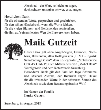 Traueranzeige von Maik Gutzeit  von Magdeburger Volksstimme