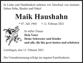 Traueranzeige von Maik Haushahn  von Magdeburger Volksstimme