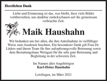 Traueranzeige von Maik Haushahn  von Magdeburger Volksstimme
